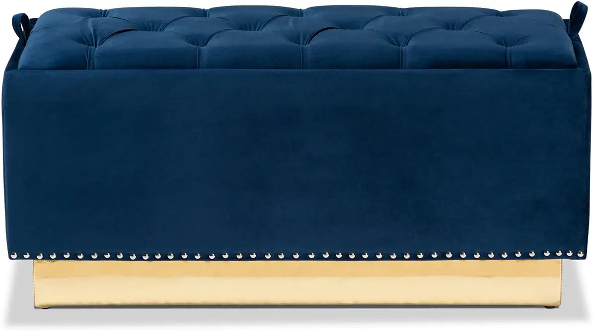 Baxton Studio Powell Glam and Luxe Navy Blue Velvet Fabric Upholstered and Gold PU Leather Storage Ottoman