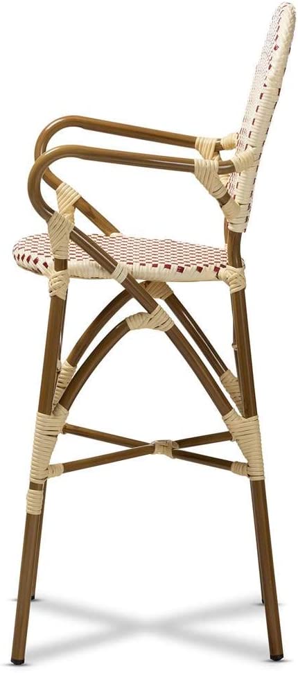 Baxton Studio Marguerite Classic French Indoor and Outdoor Beige and Red Bamboo Style Stackable Bistro Bar Stool