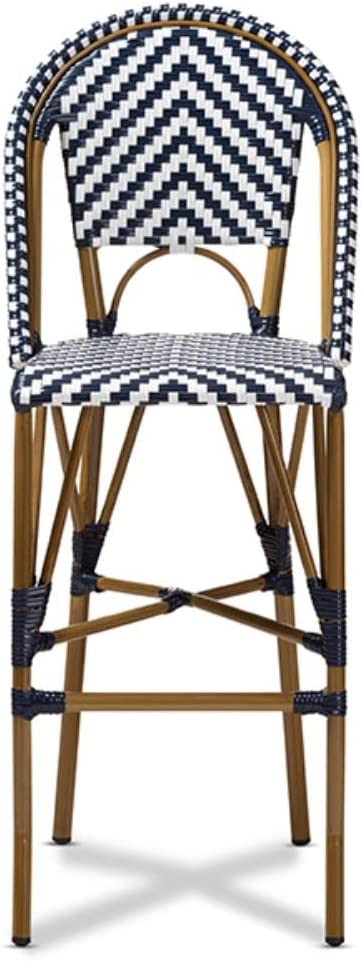 Baxton Studio Ilene Classic French Indoor and Outdoor White and Blue Bamboo Style Stackable Bistro Bar Stool