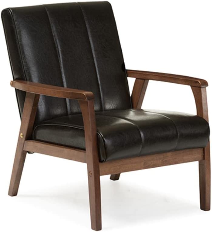 Baxton Furniture Studios Nikko Mid-Century Modern Scandinavian Style Faux Leather Wooden Lounge Chair, Medium, Dark Brown