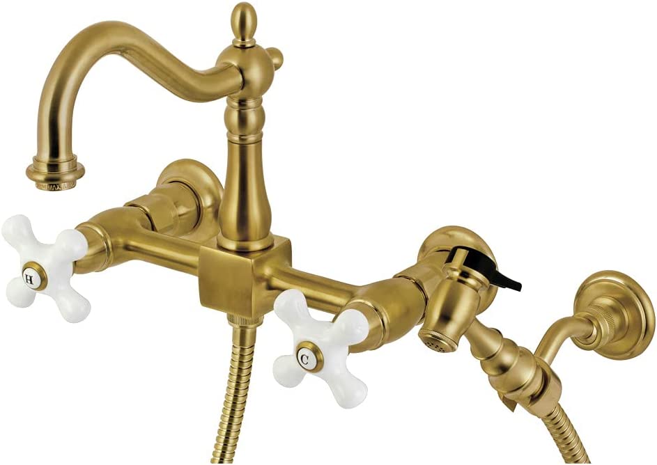 Kingston Brass KS1267PXBS Heritage 8-Inch Centerset Wall Mount Kitchen Faucet with Brass Sprayer, Brushed Brass