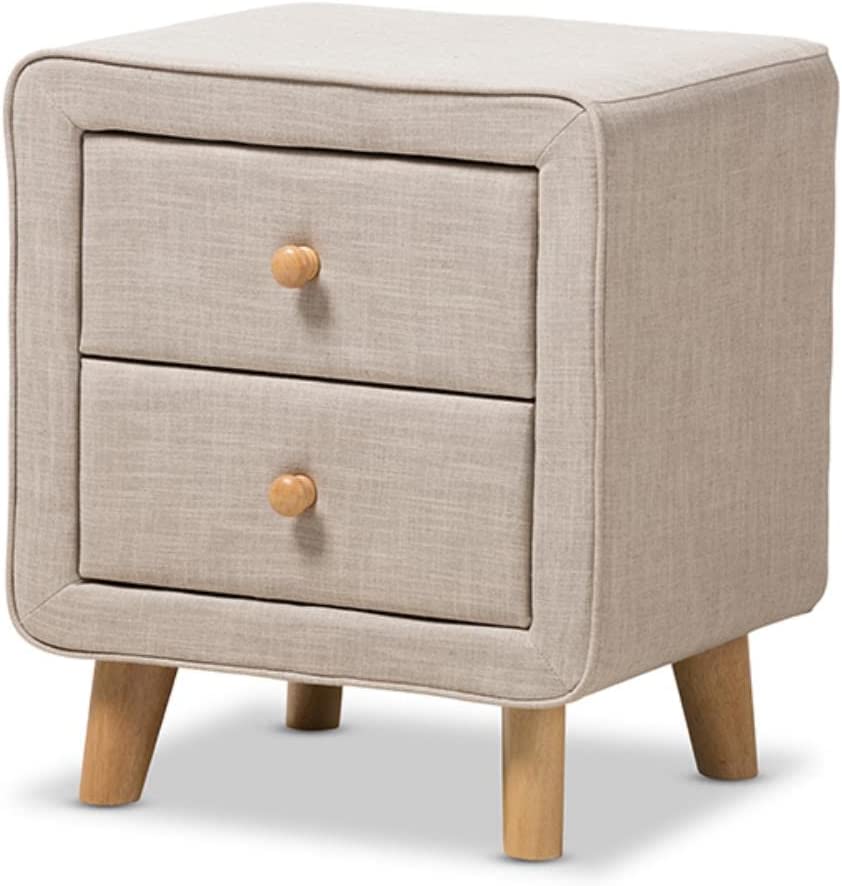 Baxton Studio Jonesy Mid-Century Beige Linen Upholstered 2-Drawer Nightstand