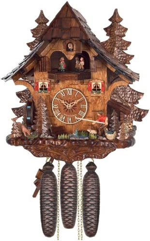 Eight Day Musical Cuckoo Clock Cottage - Fisherman Raises Pole and Moving Waterwheel