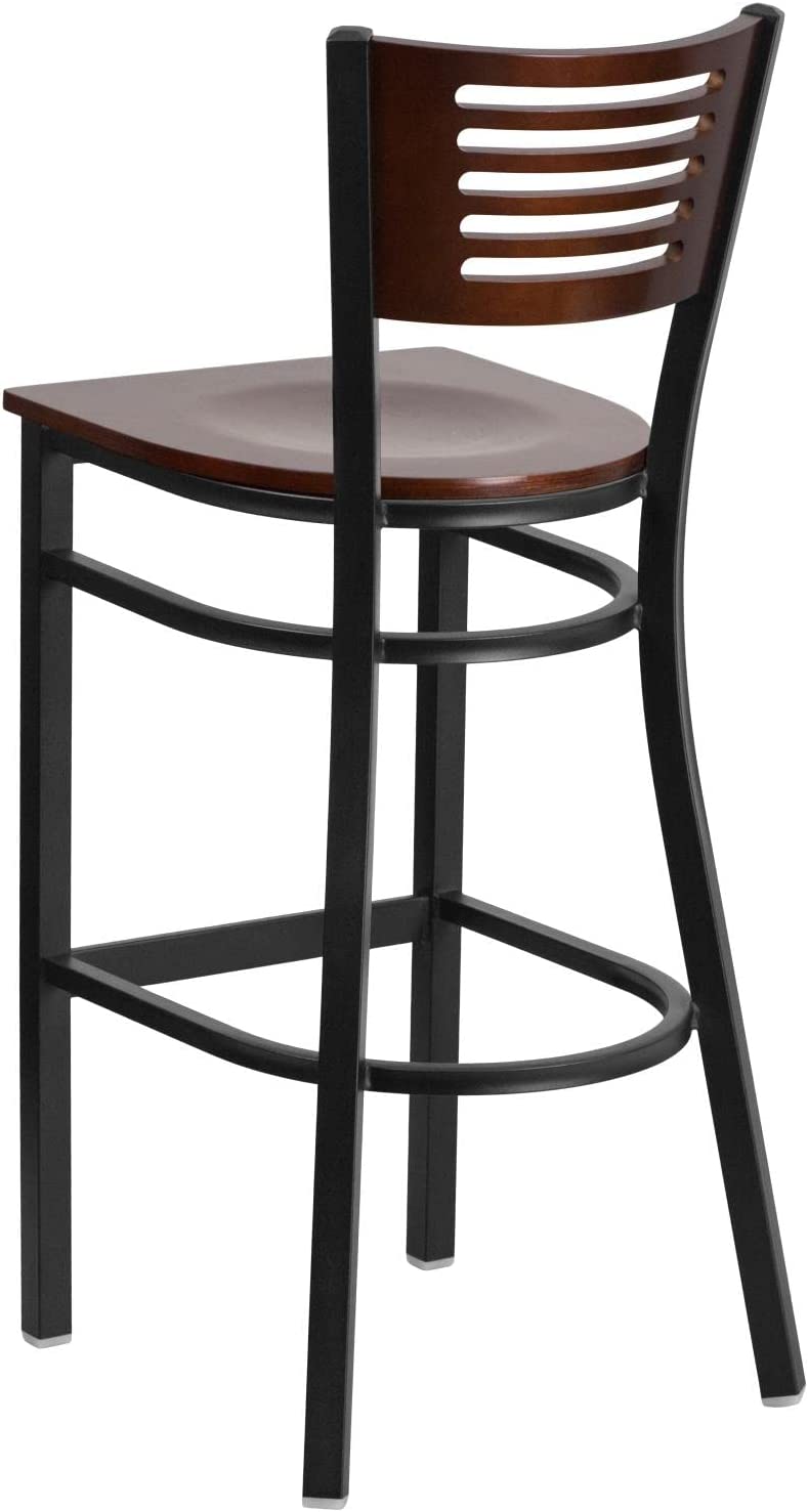 Flash Furniture HERCULES Series Black Slat Back Metal Restaurant Barstool - Walnut Wood Back &amp; Seat