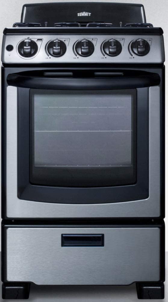 Summit Appliance PRO201SS 20" Wide Gas Range in Stainless Steel with Electronic Ignition (Spark), Indicator Lights, Backguard, Porcelain Construction, Upfront Controls, Oven Window, and Sealed Burners