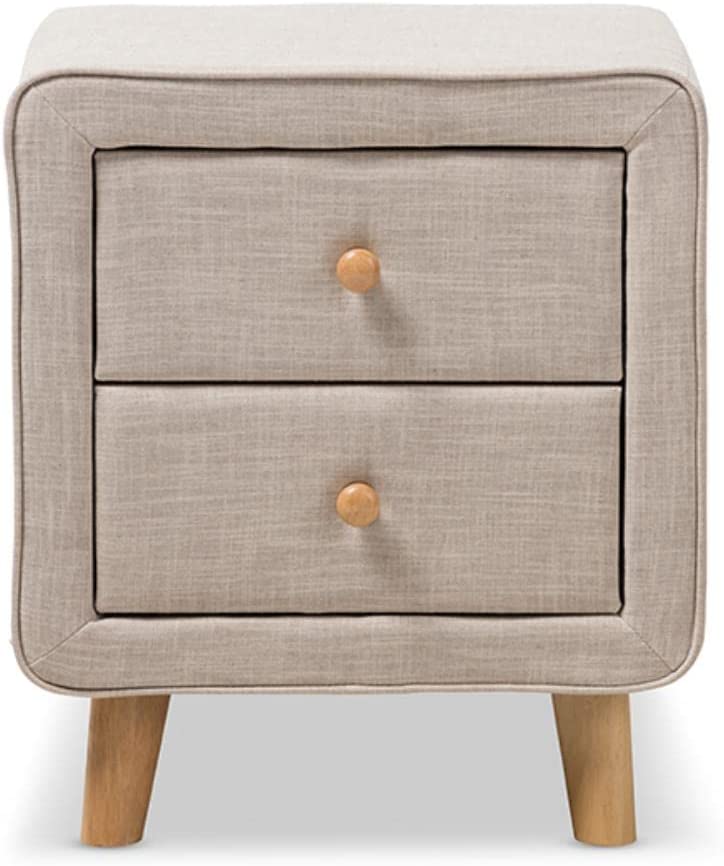 Baxton Studio Jonesy Mid-Century Beige Linen Upholstered 2-Drawer Nightstand