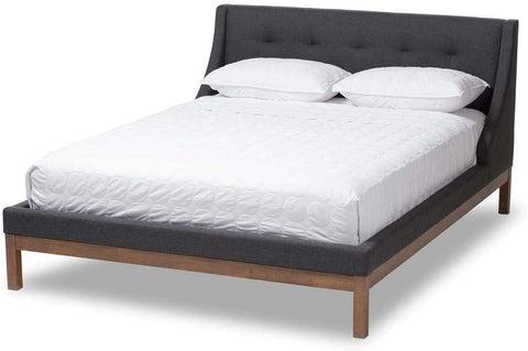 Baxton Studio Louvain Modern and Contemporary Dark Grey Fabric Upholstered Walnut-Finished Queen Sized Platform Bed