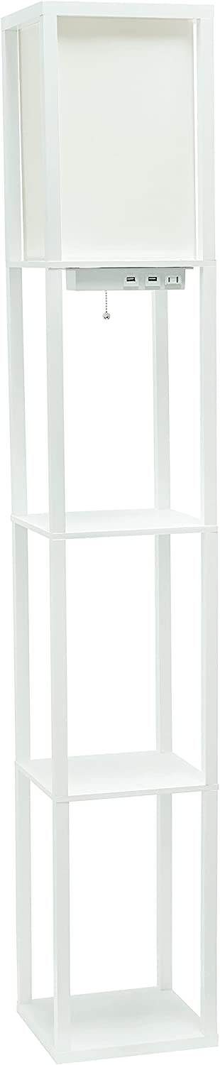 Simple Designs LF1037-WHT Organizer Storage Shelf with 2 Ports, 1 Charging Outlet and Linen Shade USB Etagere Floor Lamp, White