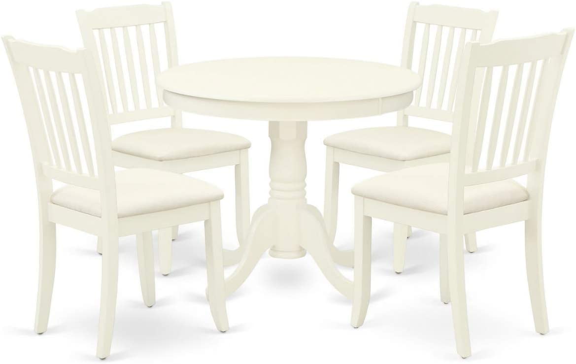 East West Furniture 5Pc Dining Set Includes a Round Dinette Table and Four Vertical Slatted Microfiber Seat Kitchen Chairs, Linen White Finish