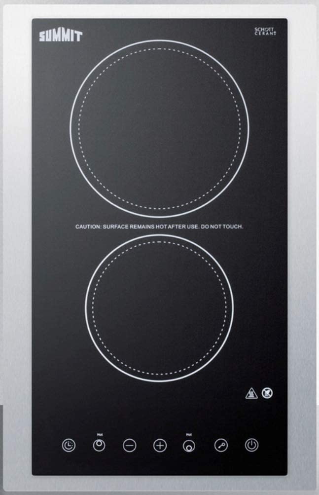 Summit Appliance CR2B23T3BTK15 2-Burner 230V Radiant Cooktop in Black Ceramic Schott Glass Surface with Digital Touch Controls &amp; Stainless Steel Frame to Allow Installation in 15&#34; Wide Counter Cutouts