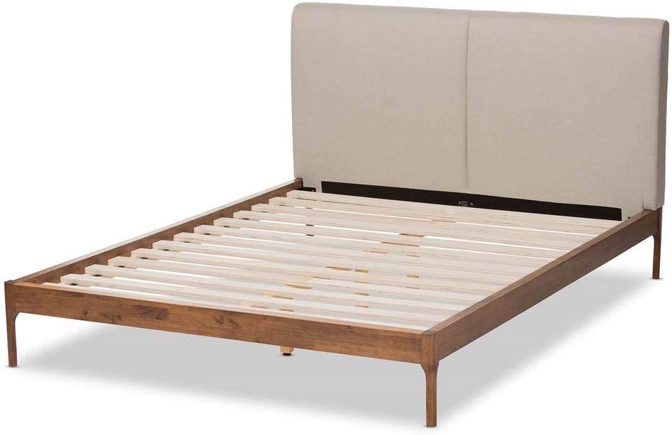 Baxton Studio Aveneil Mid-Century Modern Beige Fabric Upholstered Walnut Finished Full Size Platform Bed