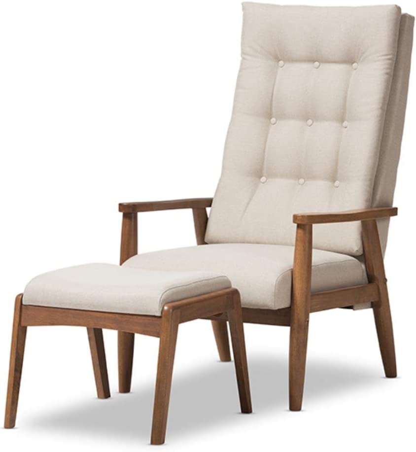 Baxton Studio Roxy Mid-Century Modern Walnut Wood Finishing and Light Beige Fabric Upholstered Button-Tufted High-Back Lounge Chair and Ottoman Set