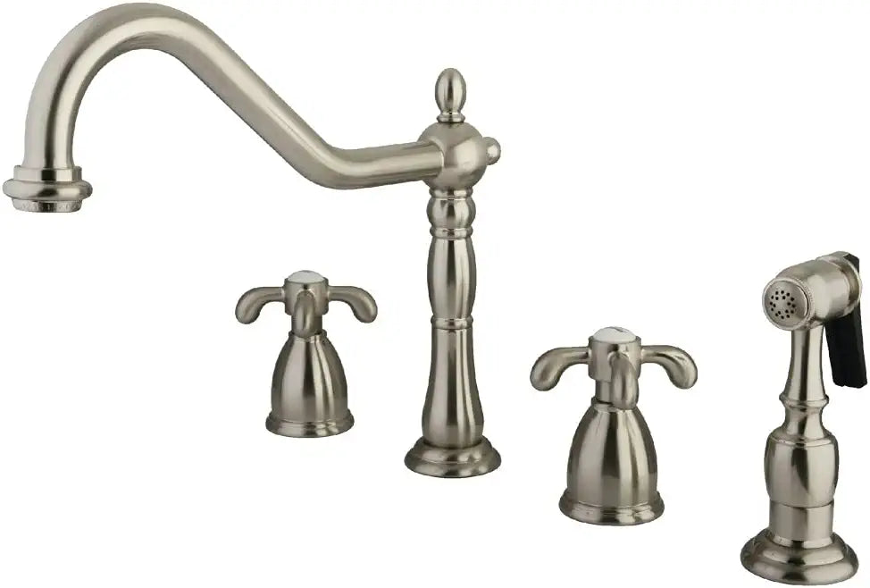 Kingston Brass KB1792TXBS French Country Widespread Kitchen Faucet with Brass Sprayer, Polished Brass