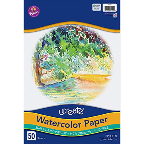 UCREATE Watercolor Paper, White, 140 lb, 12&#34; x 18&#34;, 50 Sheets, White, Package, 140 lb.