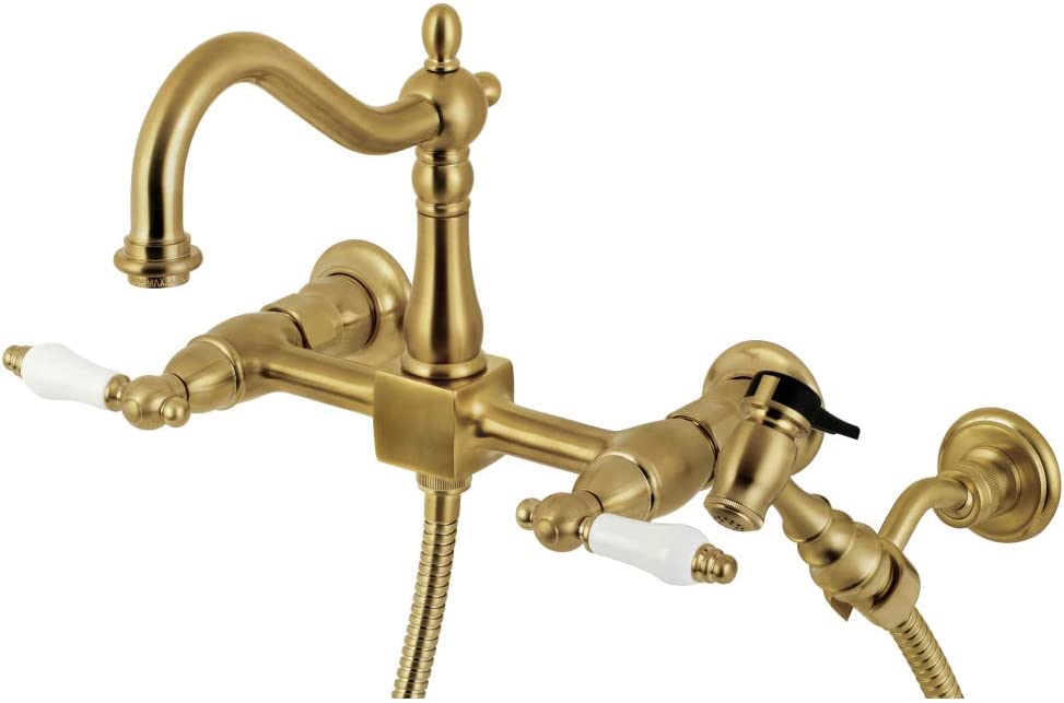 Kingston Brass KS1267PLBS Heritage 8-Inch Centerset Wall Mount Kitchen Faucet with Brass Sprayer, Brushed Brass