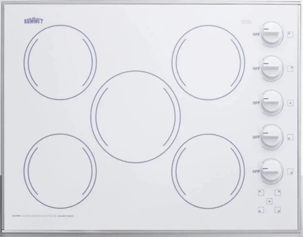 Summit Appliance CR5B274W 27&#34; Wide 230V 5-Burner Radiant Cooktop in Smooth White Ceramic Glass Surface, Stainless Steel Trim, Push-to-turn Knobs, Indicator Lights, E.G.O. Burners