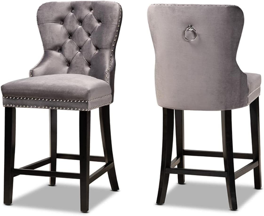 Baxton Studio Howell Modern Transitional Grey Velvet Upholstered and Dark Brown Finished Wood 2-Piece Counter Stool Set