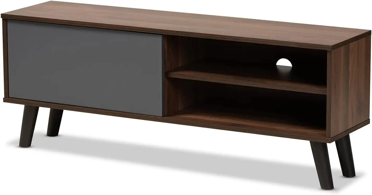 Baxton Studio Mallory Modern and Contemporary Two-Tone Walnut Brown and Grey Finished Wood TV Stand