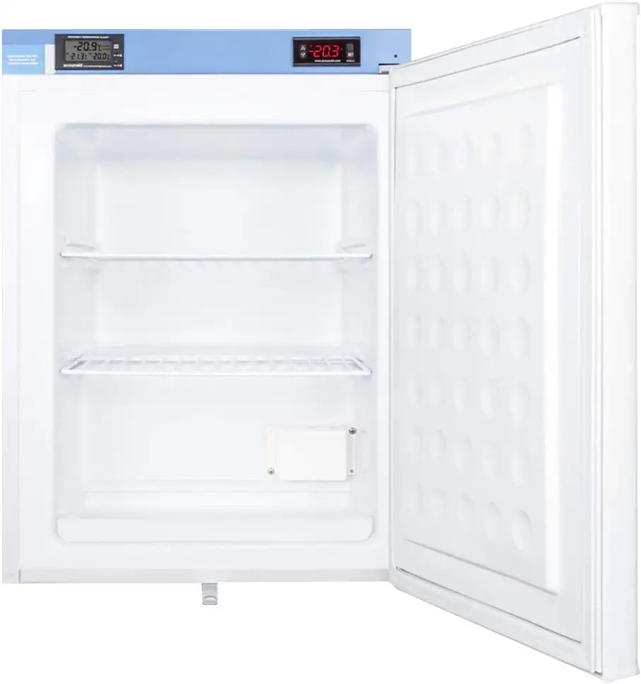 AccuCold FS30LMED2 19 Compact Freezer with 1.8 cu. ft. Capacity Digital Thermostat Factory Installed Lock Manual Defrost Buffered Temperature Probe and Magnetic Door Gasket in White