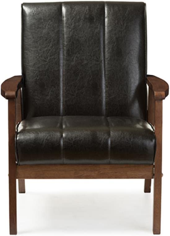 Baxton Furniture Studios Nikko Mid-Century Modern Scandinavian Style Faux Leather Wooden Lounge Chair, Medium, Dark Brown