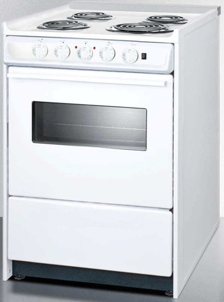 Summit WEM610RW 24&#34;&#34; Slide-In Electric Range with 4 Elements Waist High Broil Oven Racks Chrome Drip Pans Indicator Lights and Push-To-Turn Burner Knobs in White