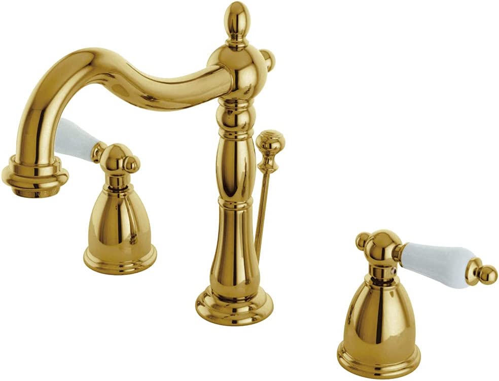 Kingston Brass KB1972PL Heritage Widespread Lavatory Faucet with Porcelain Lever Handle, Polished Brass,8-Inch Adjustable Center