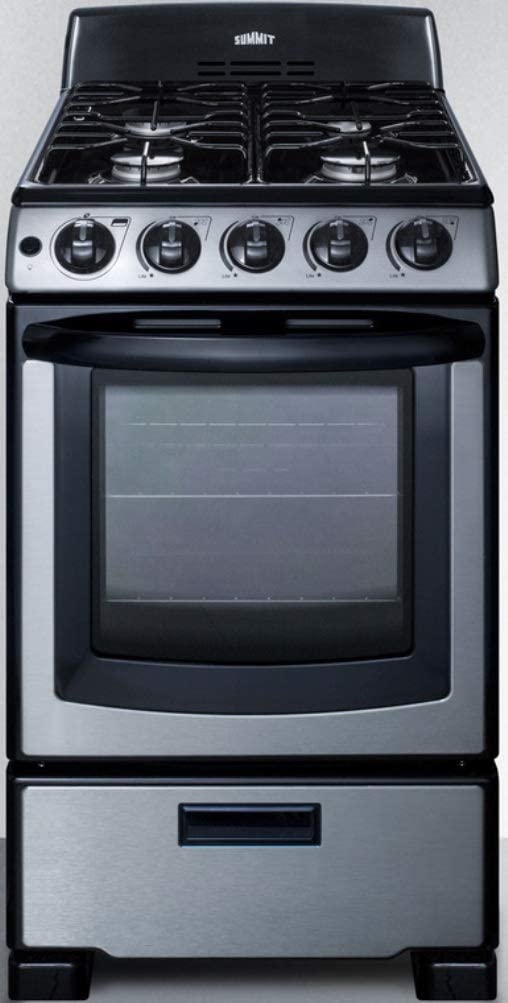 Summit Appliance PRO201SS 20" Wide Gas Range in Stainless Steel with Electronic Ignition (Spark), Indicator Lights, Backguard, Porcelain Construction, Upfront Controls, Oven Window, and Sealed Burners