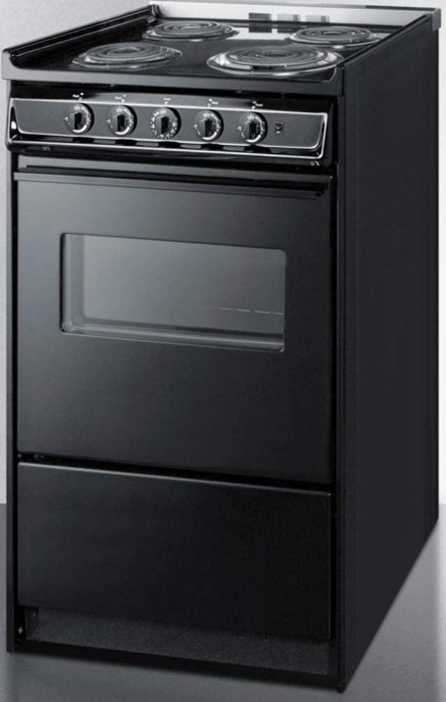 Summit Appliance TEM110CRW 20&#34; Wide Slide-In Electric Range in Black with Oven Window, Light and Lower Storage Compartment, Chrome Drip Pans, Waist-High Broiler, Porcelain Construction