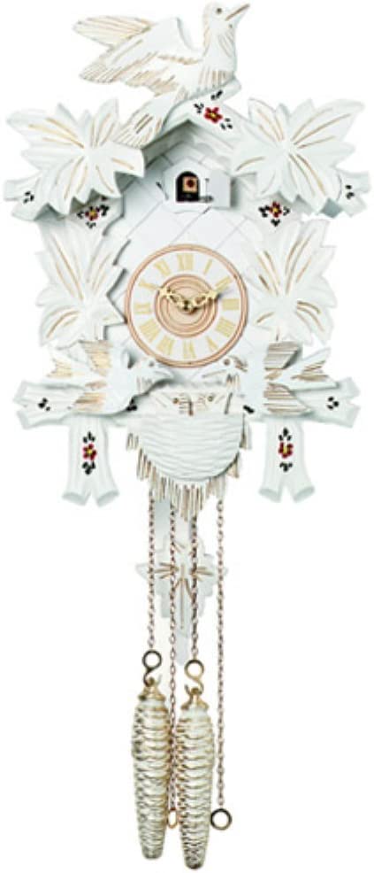 River City Clocks One Day Cuckoo Clock with Carved Maple Leaves & Moving Birds - White with Gold Accents