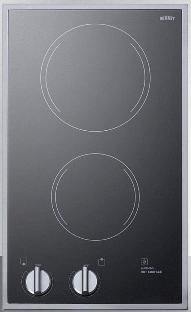 Summit Appliance CR2B22ST Two-Burner 230V Radiant Cooktop with Smooth Black Ceramic Glass Surface, Residual Heat Indicator Light, Push-to-turn Controls and Stainless Steel Trim