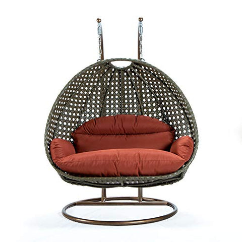 LeisureMod Beige 2 Person Hanging Double Swing Chair, X-Large Wicker Rattan Egg Chair with Stand and Cushion for Indoor Outdoor Patio Garden (Red)