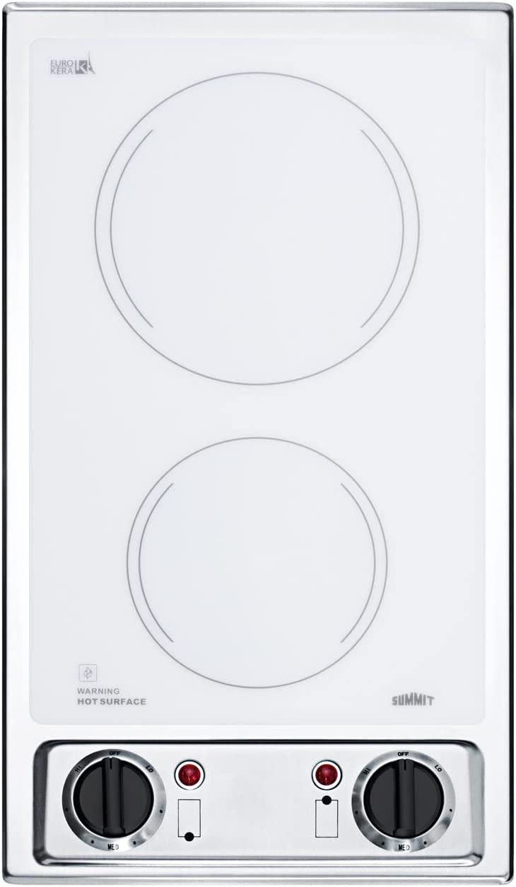 Summit CR2B120WH 12&#34;&#34; Electric Cooktop with 2 Elements EuroKera Glass Surface Indicator Lights and Push-to-Turn Controls in White