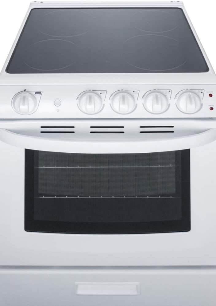 Summit REX2421WRT 24 Electric Range with 4 Elements Ceramic Glass Cooktop 2.9 cu. ft. Oven Capacity Storage Drawer Adjustable Racks ADA Compliant in White