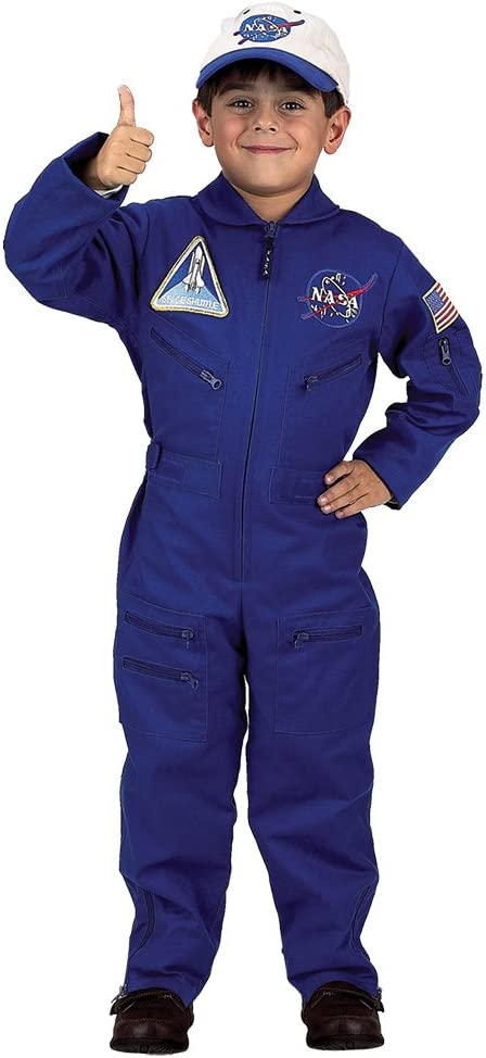Aeromax Jr. NASA Flight Suit, Blue, with Embroidered Cap and official looking patches, size 8/10.
