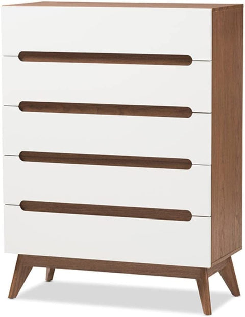 Baxton Studio Calypso Mid-Century Modern White and Walnut Wood 5-Drawer Storage Chest