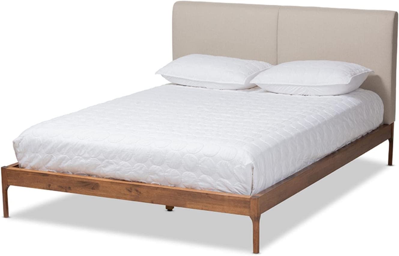 Baxton Studio Aveneil Mid-Century Modern Beige Fabric Upholstered Walnut Finished King Size Platform Bed