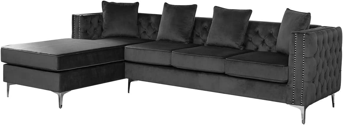 Lilola Home Velvet Reversible Sectional Sofa Chaise with Nail-Head Trim, Dark Gray