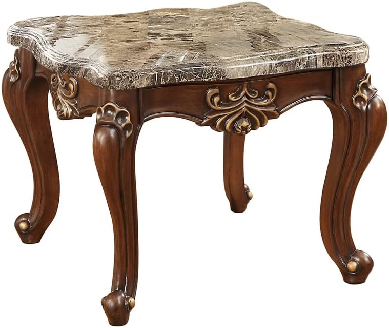 Acme Shalisa Square Wooden End Table with Queen Anne Legs in Marble and Walnut