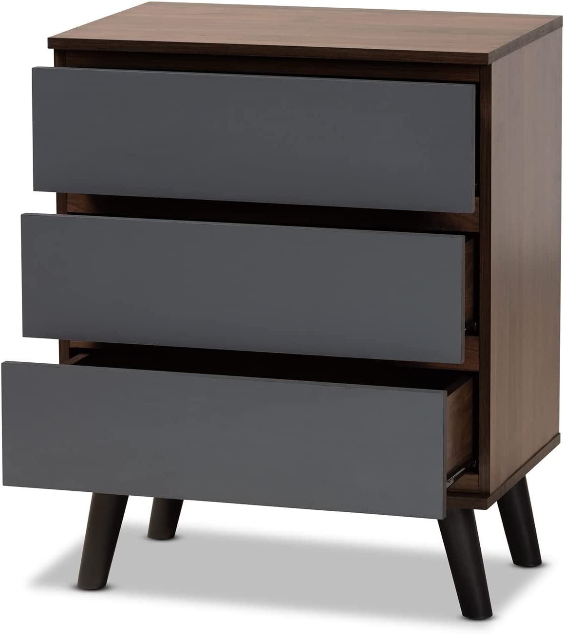 Baxton Studio Roldan Modern and Contemporary Two-Tone Walnut and Grey Finished Wood 3-Drawer Bedroom Chest