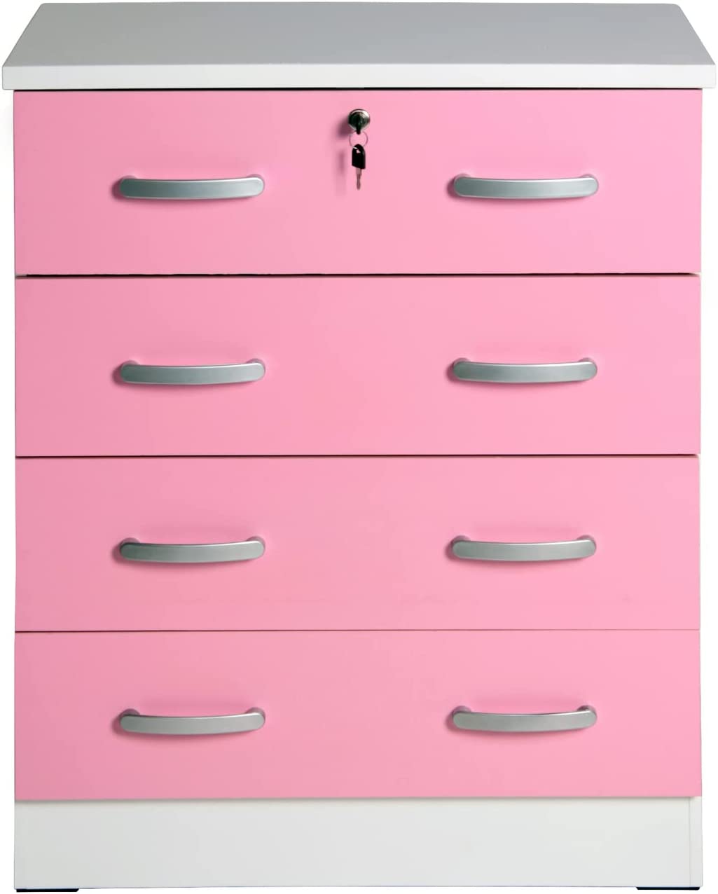 Better Home Products Cindy 4 Drawer Chest Wooden Dresser with Lock White and Pink