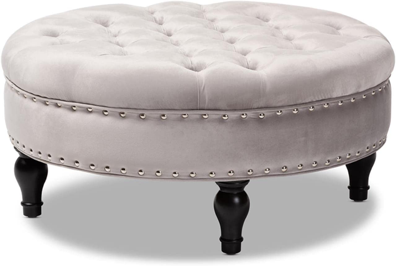 Baxton Studio Palfrey Transitional Gray Velvet Fabric Upholstered Button Tufted Cocktail Ottoman