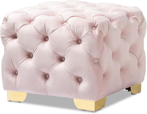 Baxton Studio Avara Glam and Luxe Light Pink Velvet Fabric Upholstered Gold Finished Button Tufted Ottoman