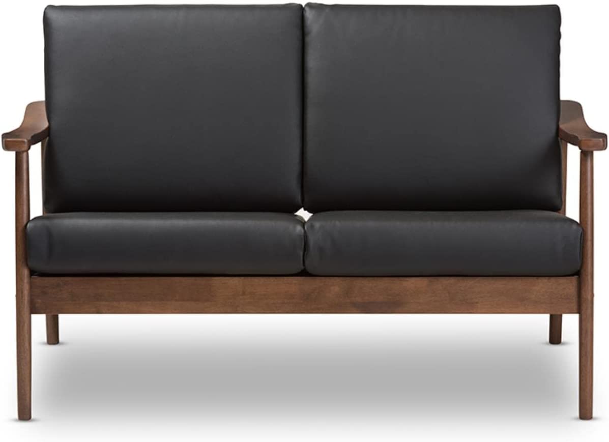 Baxton Studio Venza Mid-Century Modern Walnut Wood Black Faux Leather 2-Seater Loveseat Mid-Century/Black/Walnut Brown/Faux Leather/Rubber Wood/