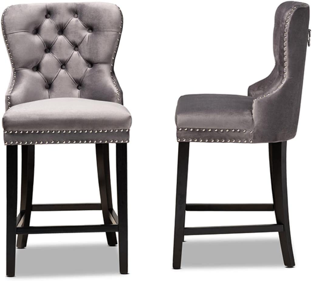 Baxton Studio Howell Modern Transitional Grey Velvet Upholstered and Dark Brown Finished Wood 2-Piece Counter Stool Set