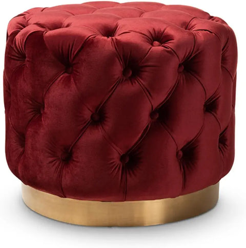 Baxton Studio Valeria Glam Burgundy Red Velvet Fabric Upholstered Gold-Finished Button Tufted Ottoman