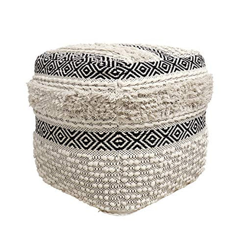 Pasargad Home Grandcanyon Premium Cotton Pouf, 100% Cotton Pouf, Hand Woven- Polly Beads- Sitting, Foot Stool - Square Poufs for Living Room - Luxury Room Decor, 17&#34; x 17&#34; x 17&#34;, Ivory/Black