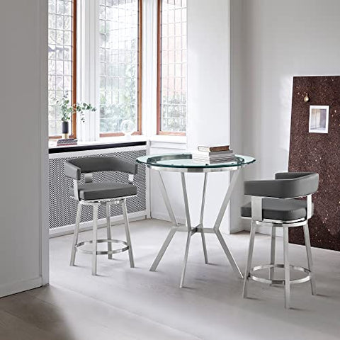 Armen Living Naomi and Lorin 5-Piece Counter Height Dining Set in Brushed Stainless Steel and Grey Faux Leather