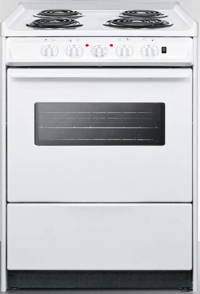 Summit WEM610RW 24&#34;&#34; Slide-In Electric Range with 4 Elements Waist High Broil Oven Racks Chrome Drip Pans Indicator Lights and Push-To-Turn Burner Knobs in White