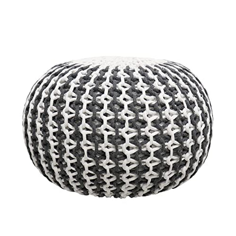 Pasargad Home Round Premium Cotton Pouf Ottoman - Hand Woven 100% Cotton Pouf Footrest - Foot Stool, Knit Bean Bag for Bed Room, Living Room - Luxury Room Accent Decor- 20&#34; Wx20 Dx14 H - Ivory/Grey