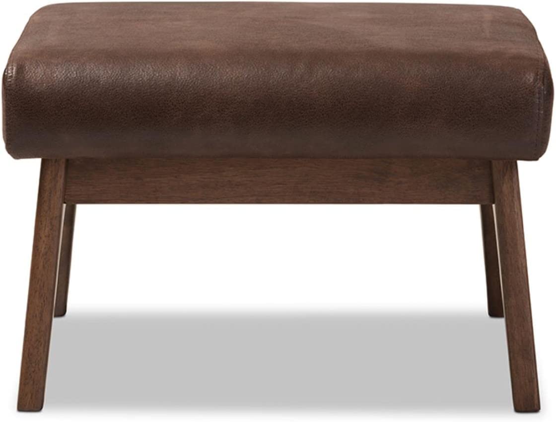 Baxton Studio Bianca Mid-Century Modern Walnut Wood Dark Brown Distressed Faux Leather Ottoman